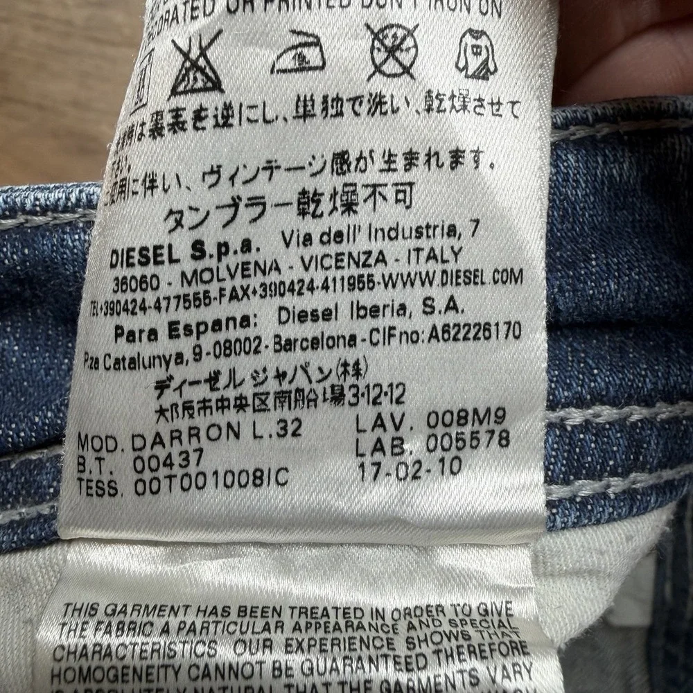 Diesel Darron Jeans Men 29x30 Blue Slim Tapered Whiskered Made Italy (Tag 27x32)